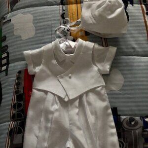 Infant boy baptismal romper with tie cap